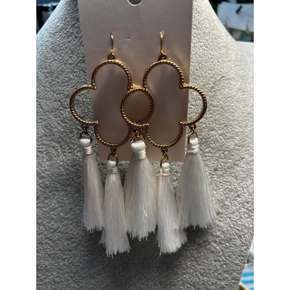 #36. Boho Quatrefoil Clover Cascading White Tassel Statement Drop Earrings